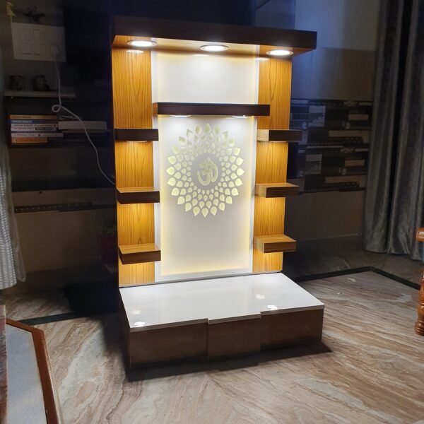 Wooden Customized Mandir/ Temple With Led Lights & OM Design (Copy) - Image 7