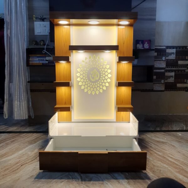 Wooden Customized Mandir/ Temple With Led Lights & OM Design (Copy) - Image 3