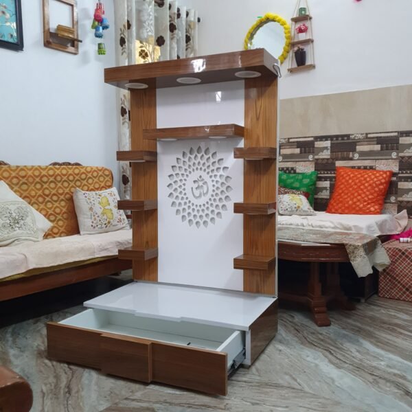 Wooden Customized Mandir/ Temple With Led Lights & OM Design (Copy) - Image 6